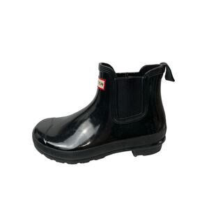 Hunter Womens Original Gloss Black Round Toe Slip On Flats Chelsea Ankle Boots 7
